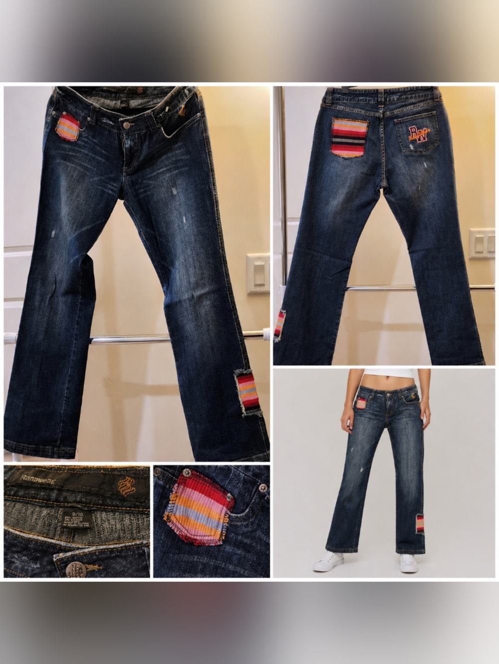 Rocawear Dark Wash Wide Leg Jeans with Multicolor Stripe Patches Size 9/10